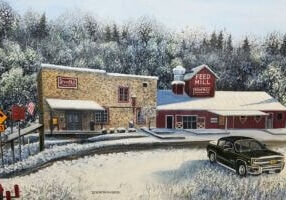 Winter painting of Stone Mill Hotel & Suites and the historic Feed Mill building in Lanesboro, Minnesota, surrounded by snow-covered trees and landscape, with a black pickup truck parked in the foreground.